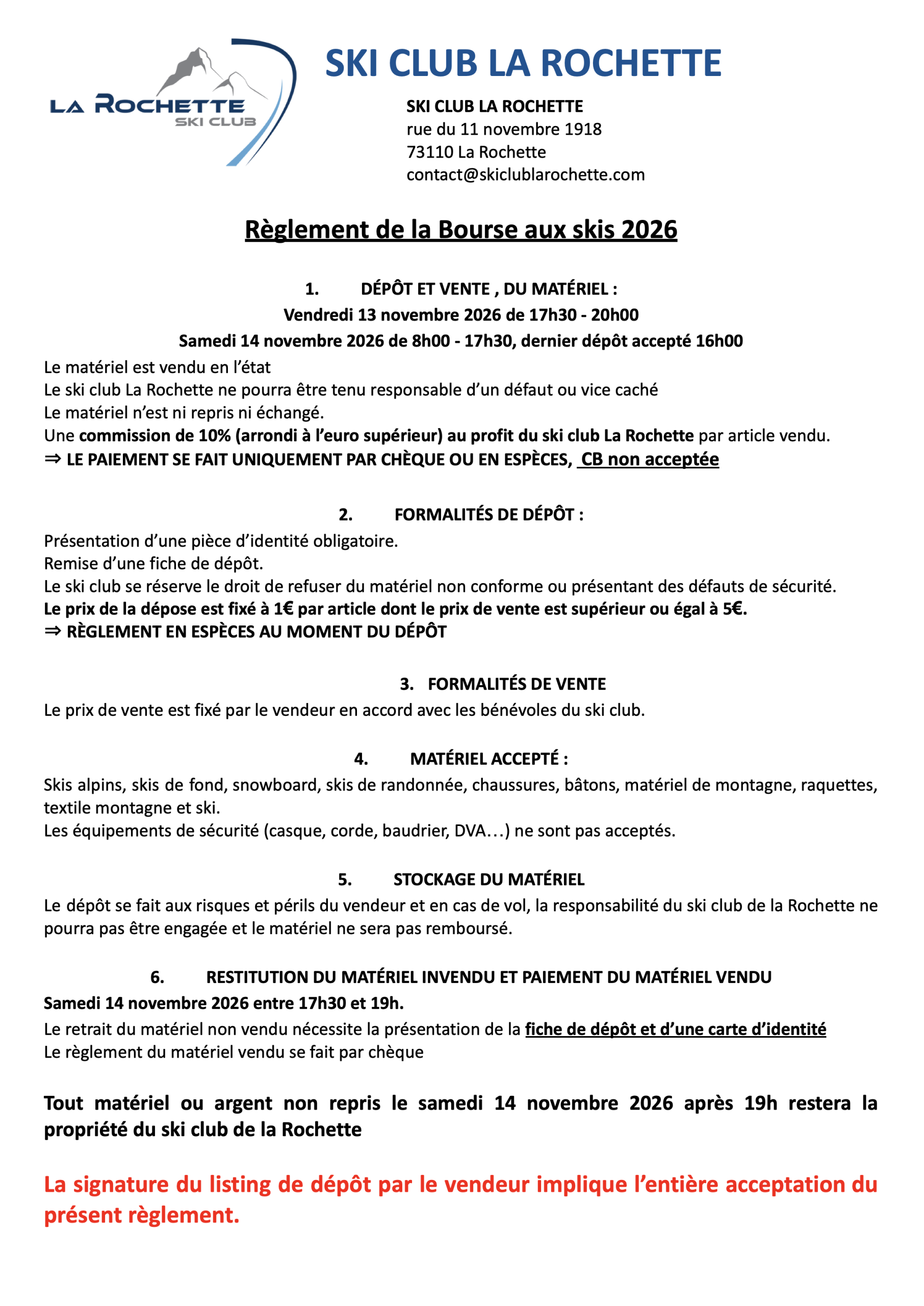 Règlement de la Bourse aux skis